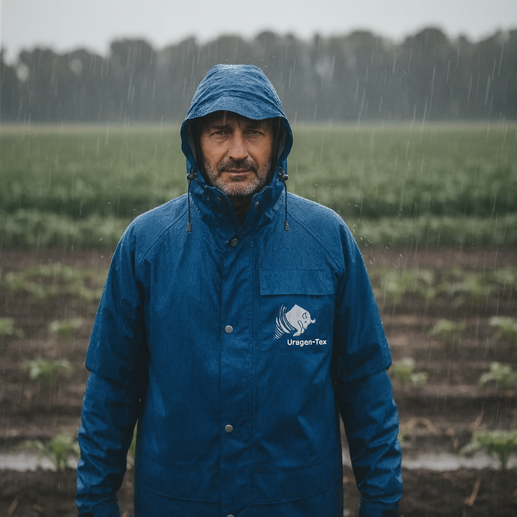 uomo che indossa giacca impermeabile uragan tex duante la piogia in un campo agricolo