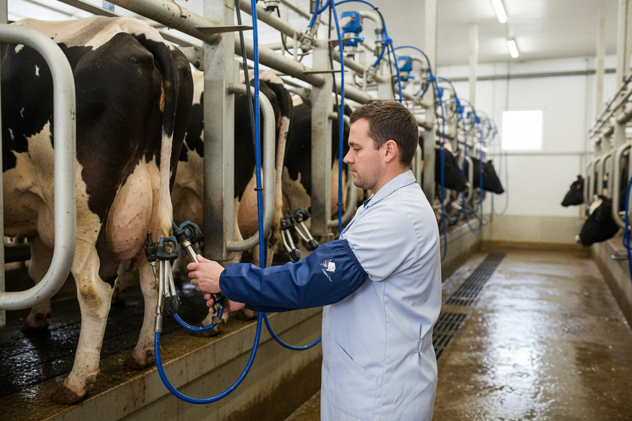 Uomo durante la mungitura con braccioli idrorepellenti Uragan-Tex blu, protezione professionale per allevatori e mungitori.