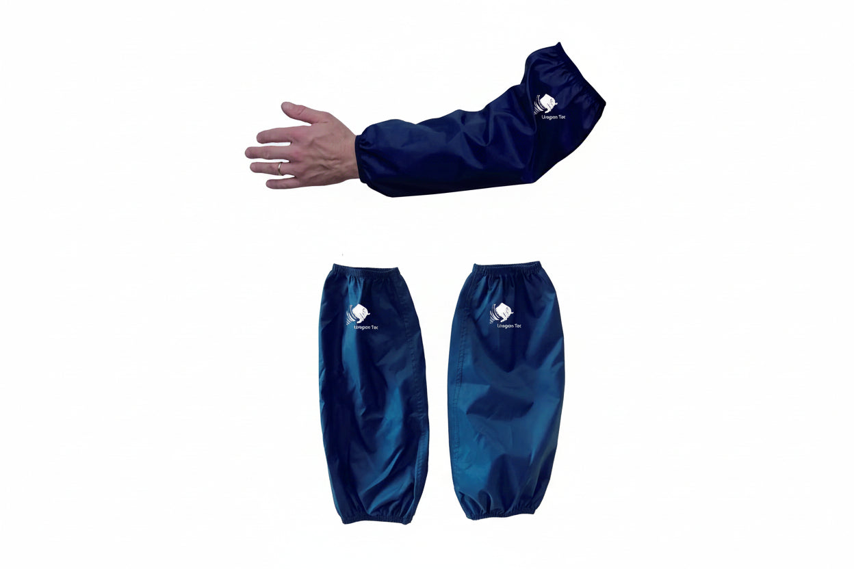 Coppia di braccioli blu impermeabili Uragan-Tex per mungitura e veterinaria, tessuto doppio strato idrorepellente