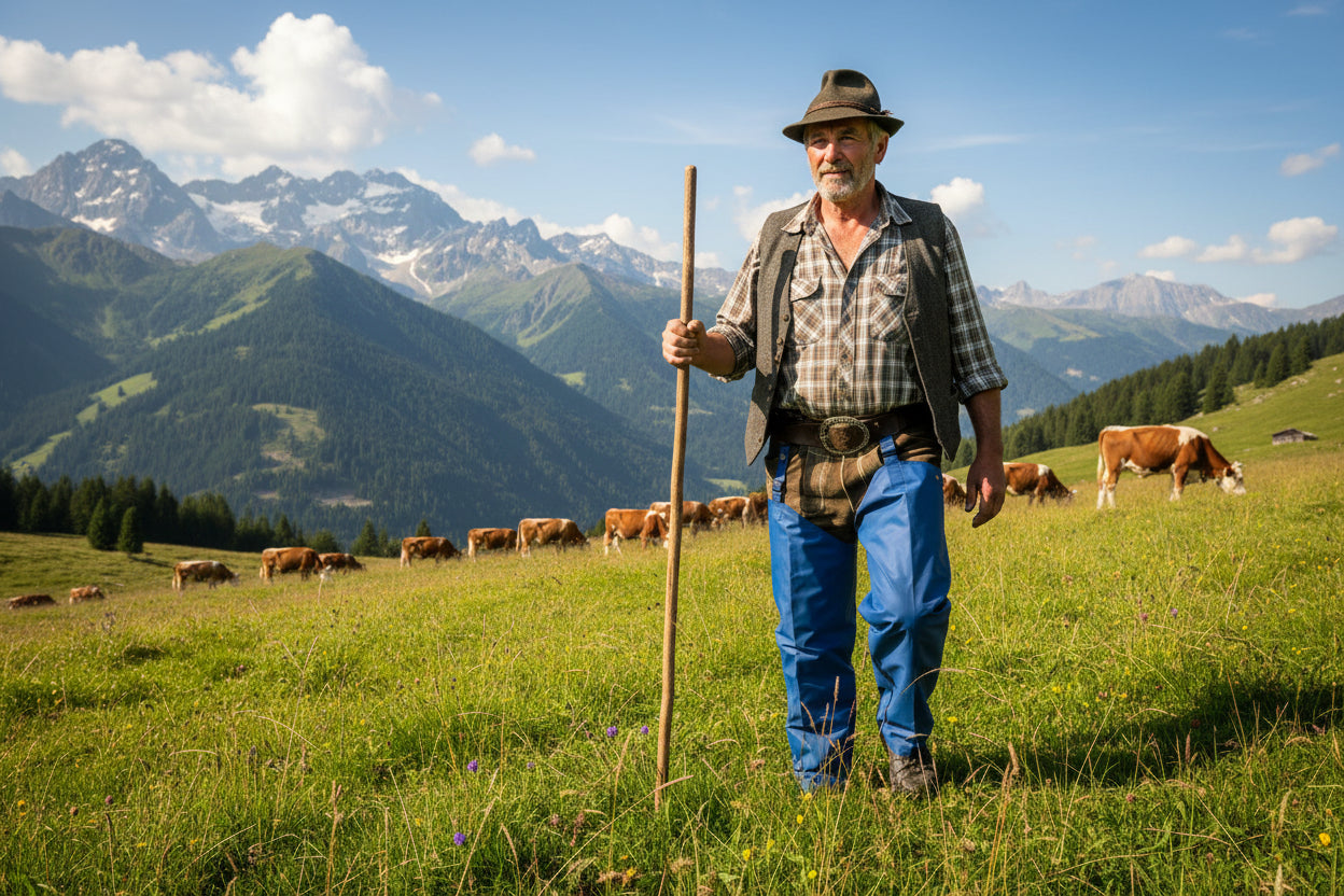 allevatore in alpeggio che indossa i cosciali impermeabili uragan tex con sullo sfondo delle mucche al pascolo 