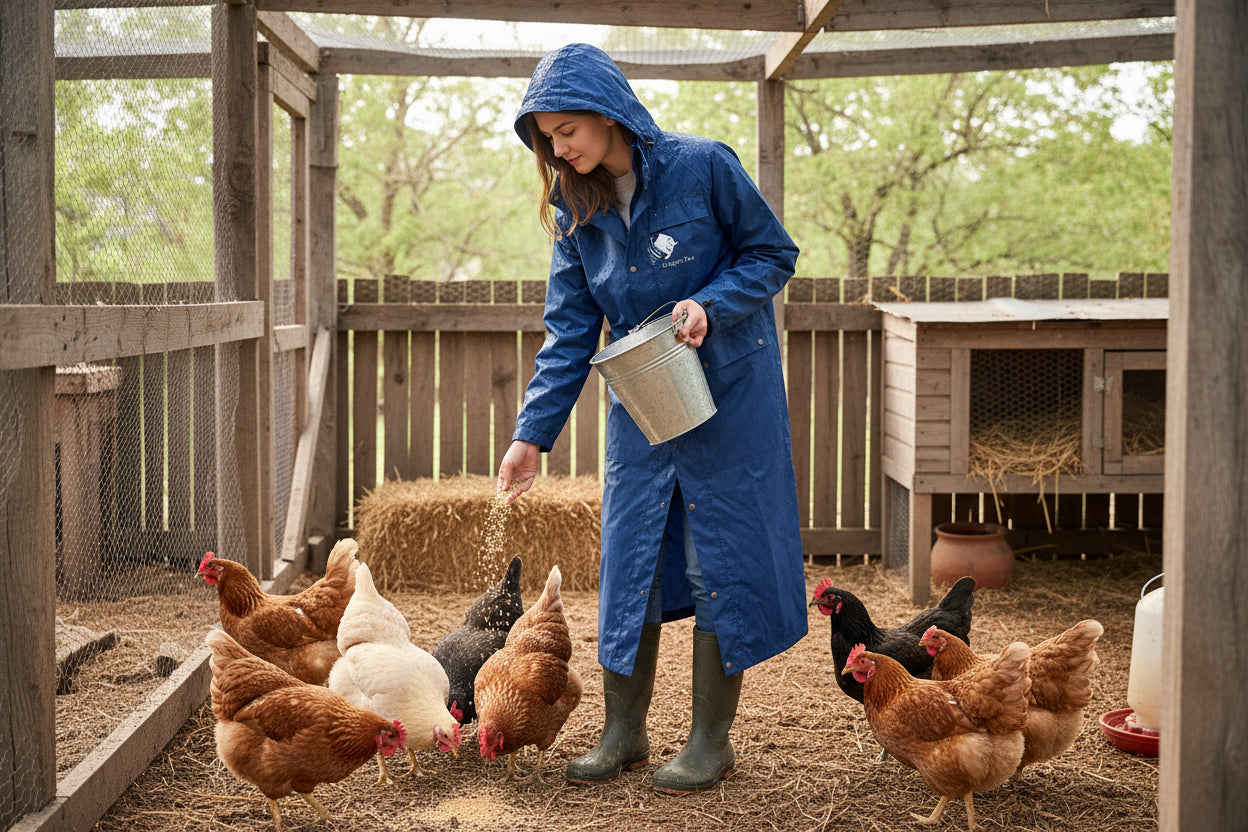 donna che lavora in pollaio con uragan tex