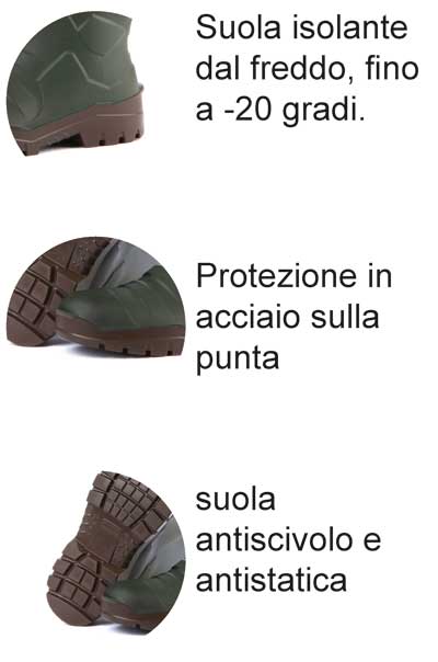 Suola isolante dal freddo, protezione in acciaio in punta, suola antistatica e anti scivolo.