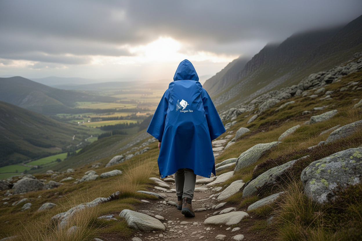 persona che cammina in montagna con ponchio uragan tex che copre lo zaino -mygesp