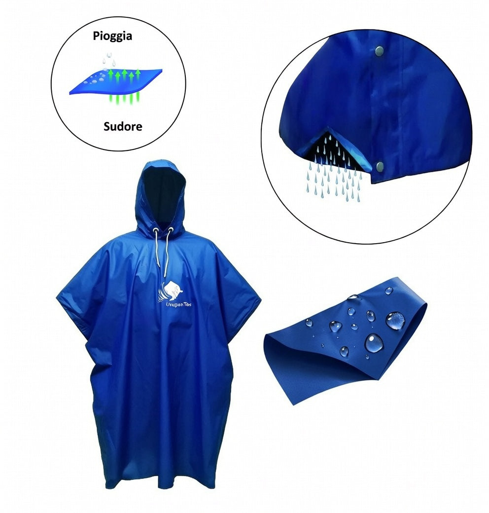 ponchio impermeabile uragan tex con spiegazione grafica del passaggio acqua tra i due strati di tessuto