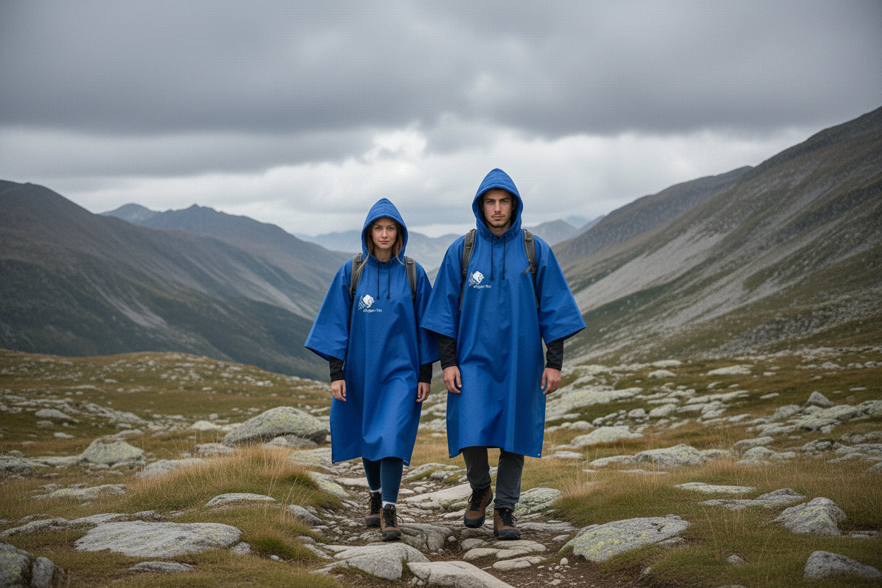 ragazzo e ragazza che fanno trekking in montagna e indossano il ponchio mantella uragan tex mgesp