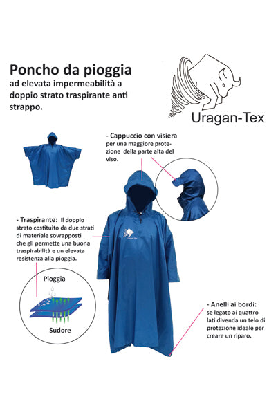 Poncho Uragano Tex impermeabile su sfondo bianco - con descrizione dei particolari