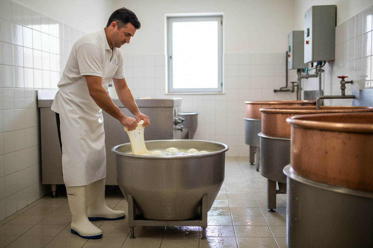 uomo che indossa gli stivali morbidi classic bianco durante la filatura di mozzarelle