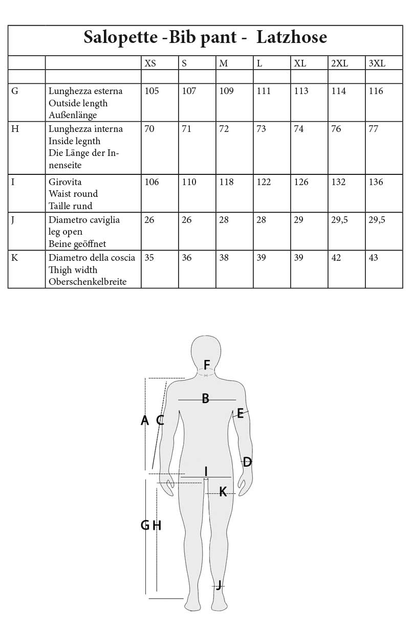 Misure taglie salopette Uragan-Tex